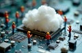 Miniature workers maintain cloud server. Engineers build tech infrastructure. Cloud computing automation. IT specialists. Network