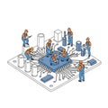 Miniature Workers on Microchip Illustration Representing Tech Teamwork Royalty Free Stock Photo