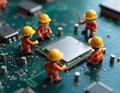 Miniature workers in the microworld electronics maintenance, repairing a circuit board and handling a microchip. Tools, teamwork Royalty Free Stock Photo