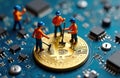 Miniature workers mine Bitcoin on a digital circuit board. Tiny figures dig with tools on a golden cryptocurrency coin Royalty Free Stock Photo
