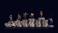 Miniature workers on a pile of coins and graphics with business concept.