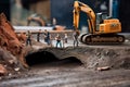 Miniature world photography, a crew of tiny workers are repairing a broken road. Generative AI