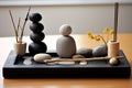 miniature zen garden with perfectly balanced stones on a desk