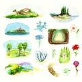 Miniatures simple landscapes Italian midday flowers nature trees plants forest meadow sea shore sky watercolor isolated on white b