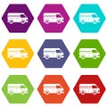 Minibus taxi icon set color hexahedron