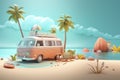 Minibus van with blue sky, sands, beach and palm trees, 3D Illustration Royalty Free Stock Photo