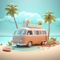 Minibus van with blue sky, sands, beach and palm trees, 3D Illustration Royalty Free Stock Photo