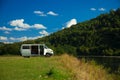 minibus white transport stop in beautiful mountain nature picturesque environment space in summer clear weather day