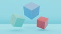 Minimal abstract background. Three cubes on blue background. Turquoise cube, blue cube, red cube. 3D. Render.