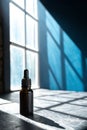 Minimal abstract black background for product presentation. Organic drop diagonal shadow and rays of light from window on a blue