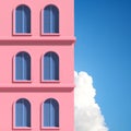 Minimal abstract building with arch window on blue sky background, Architectural details with shade and shadow on pink wall. 3D Royalty Free Stock Photo