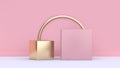 Minimal abstract geometric shape form gold and pink cube-square gold ring pink wall white floor 3d render