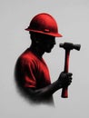 Minimal Abstract Illustration of Construction Worker with Oversized Helmet Holding Hammer Royalty Free Stock Photo