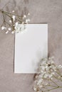 Minimal aesthetic greeting card, letter template, plank paper card and flowers on neutral beige linen background, copy space
