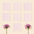 Minimal background with purple thorny wild flower and pink paper sticky for notes or messages, empty blank small papers