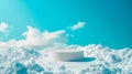 Minimal background with white textured concrete platform mockup, podium or table and realistic cloud on a blue sky