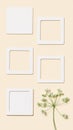 Minimal background with wild flower and pink paper sticky for notes or messages, empty blank small papers for text