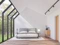 Minimal bedroom in gable house with nature view 3d render Royalty Free Stock Photo