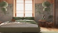 Minimal bedroom with wallpaper and wooden walls in green and beige tones. Parquet floor, master bed, bedside table and carpet. Royalty Free Stock Photo