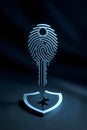 Minimal Biometric Fingerprint Key Floating Above Broken Security Shield Concept Royalty Free Stock Photo