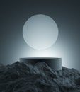 podium minimal black dark circle rough surface rock meteorite mountain volcanic light shadow platform product display.