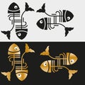 Art minimal black logo of two fish in art deco style and gold