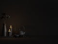 Minimal black style image of teapot and candle in the dark room 3d render