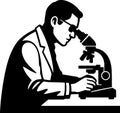 Medical Researcher Silhouette Working with Microscope, Black and White Minimal Vector for Science Royalty Free Stock Photo