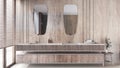 Minimal bleached wooden bathroom close-up in white and beige tones. Double washbasin with sink and mirror. Window with venetian Royalty Free Stock Photo