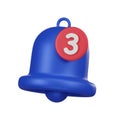 Minimal blue bell notification icon. 3d render isolated illustration