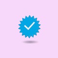 Minimal blue verified icon isolated on pastel pink background. Creative 3D effect vector illustration