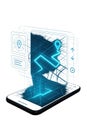 A minimal blue and white digital illustration of a smartphone map with glowing route line and location pin representing navigation Royalty Free Stock Photo