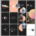 Minimal brochure templates with colorful gradient shapes, circles, round elements on black background. Covers design