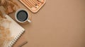 Minimal brown workspace top view, flat lay with accessories and copy space Royalty Free Stock Photo