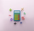 Minimal calculator with math function symbols 3D render illustration