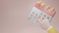 Minimal calendar icon with hand isolate on soft pink background. Paper calendar icons. Calendar date icon. 3D rendering