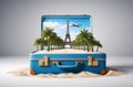 Minimal cartoon flight airplane travel tourism plane trip planning world tour luggage with pin location suitcase and map
