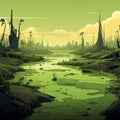 Minimal Cartoon Swamp: Post-apocalyptic Metropolis Meets Nature