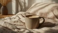 Minimal ceramic coffee mug on cozy bed with natural morning light Royalty Free Stock Photo