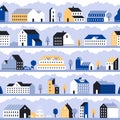 Minimal city pattern. Minimalistic town landscape, modern homes houses and geometric cityscape vector seamless background