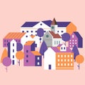 Minimal cityscape. Flat town houses with eco nature environment, modern geometric buildings. Cityscape background, vector