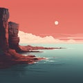 Minimal Coastline: Nostalgic Sea And Rock Formations In Light Crimson And Cyan