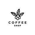 Minimal coffee bean with plant branch hipster logo vector with leaf simple line outline icon for cafe