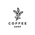 Minimal coffee bean with plant branch hipster logo vector with leaf simple line outline icon for cafe