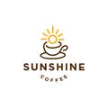 Minimal coffee or tea morning sunshine line outline logo with mug cup also sun hipster icon design for cafe , restaurant cafetaria