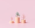 Minimal Coin stacks growing graph with trees on pink background. Growing trees on coin stacks, Business investment and saving