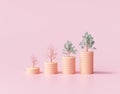 Minimal Coin stacks growing graph with trees on pink background. Growing trees on coin stacks, Business investment and saving