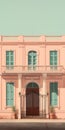 Minimal Colonial Architecture Print With Pink Building And Green Shutters