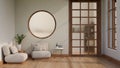 Minimal comfortable living room in modern Japanese style with couch, side table, decor plant