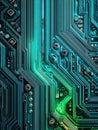 Minimal Computer Circuit Board in Blue and Green Neon Displaying Intricate Details in a Flat View Royalty Free Stock Photo